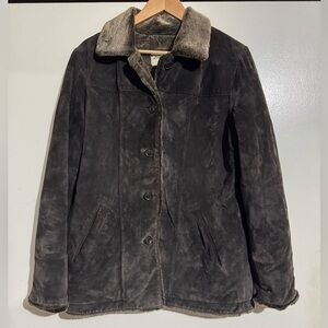 Eddie Bauer Dark Brown Leather Jacket Coat Small faux fur lining